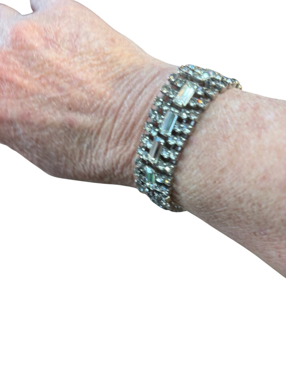 Vintage Rhinestone Bracelet Baguette Cut Double Row Safety Chain Restored